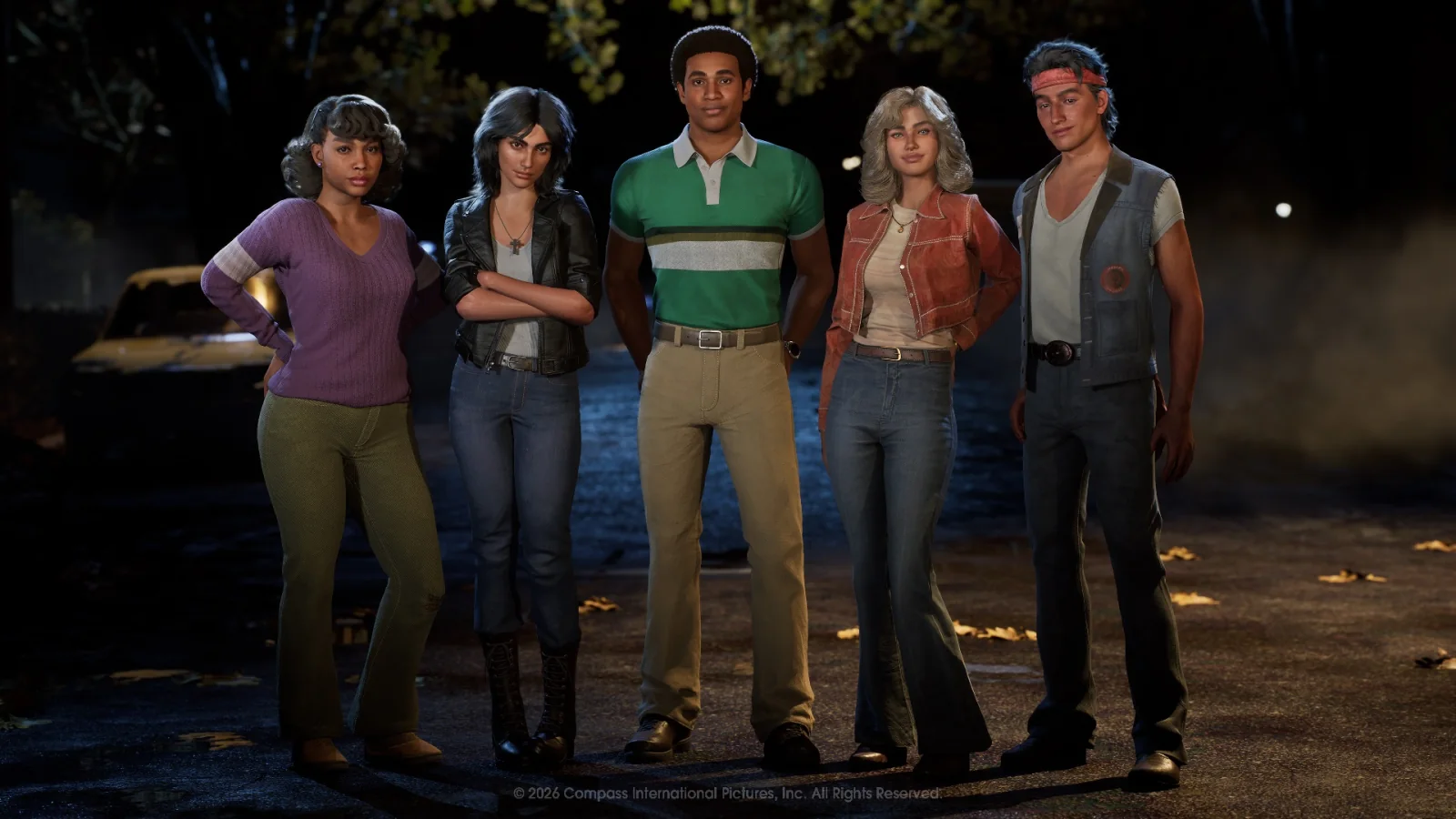 Five Civilian characters standing together in an official Haddonfield cast image