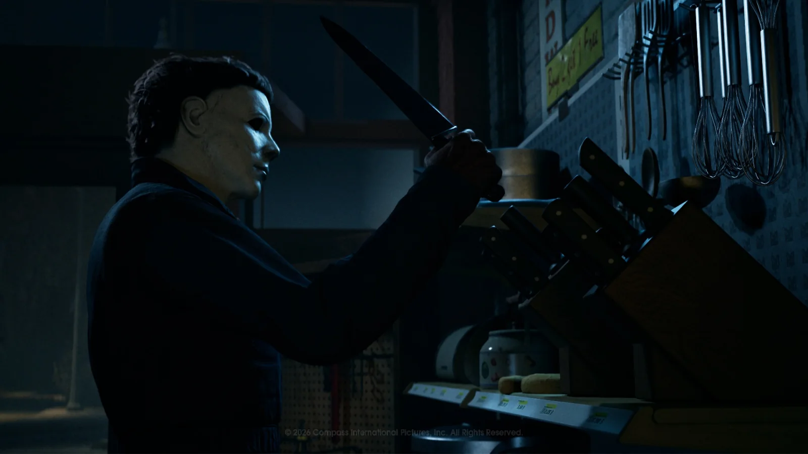 Michael Myers holding a knife in a Haddonfield interior