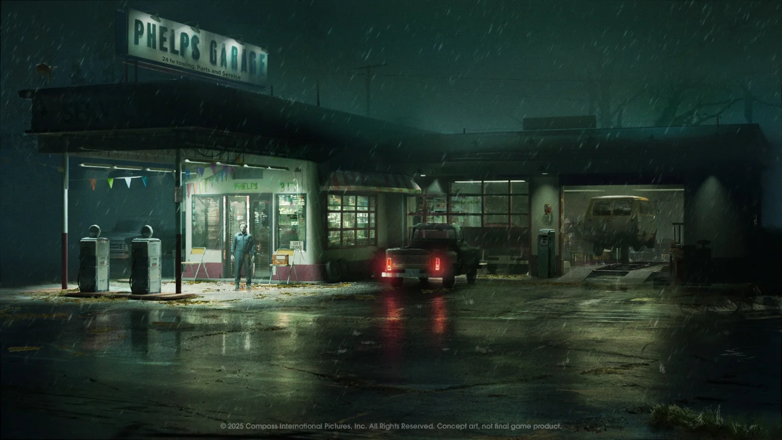 Rainy Phelps Garage concept art from official Halloween: The Game material
