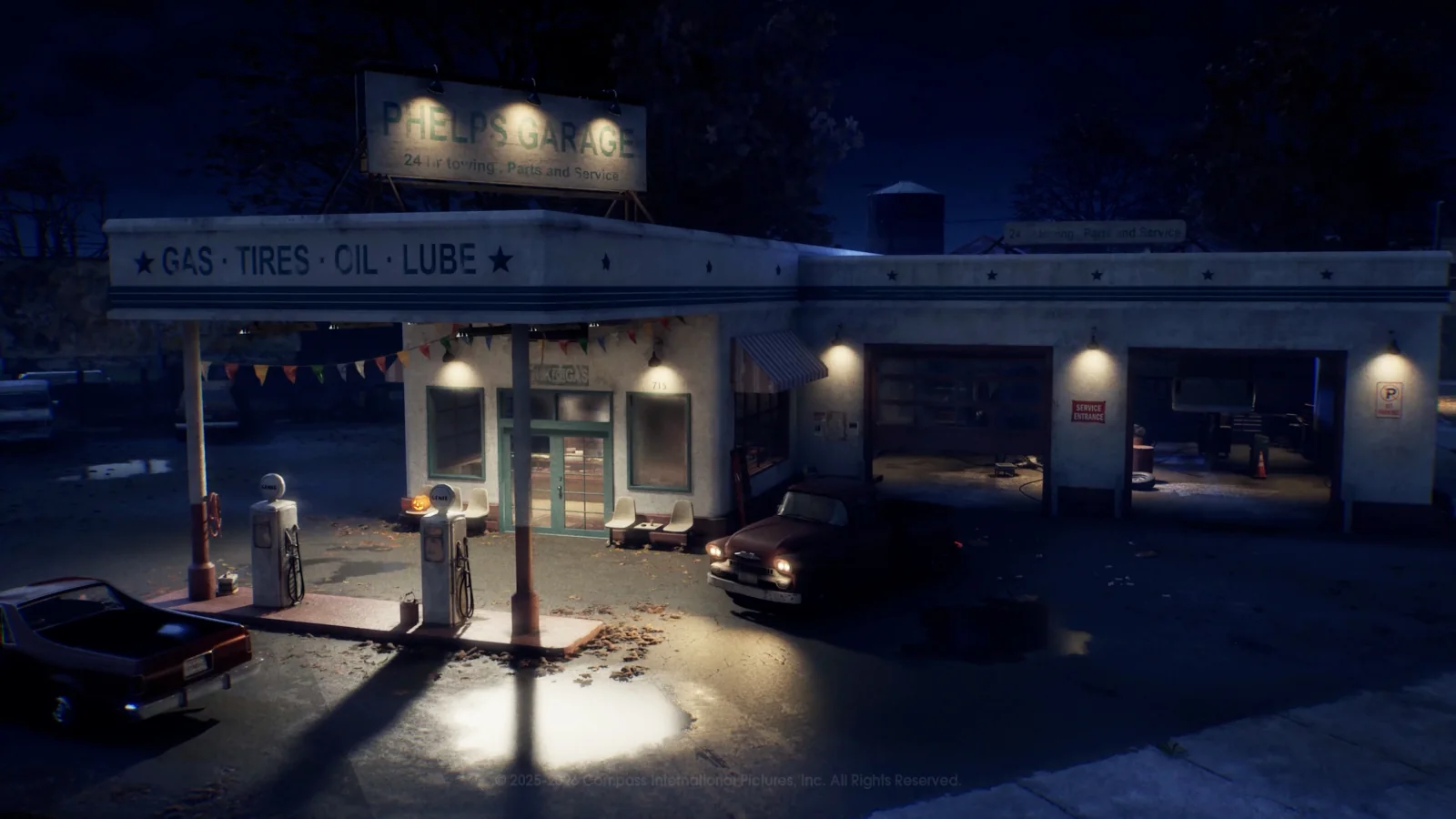 Phelps Garage at night in East Haddonfield