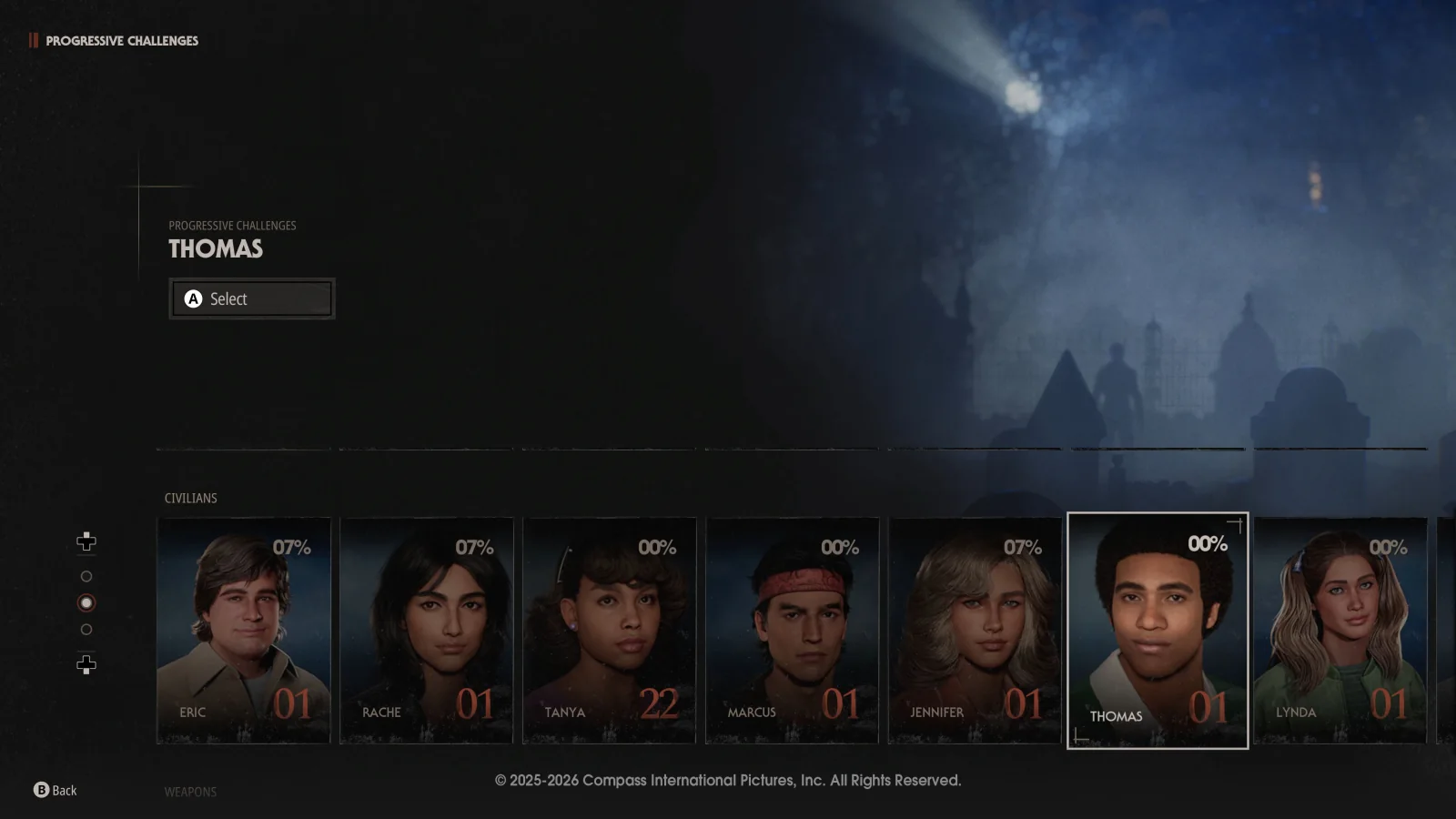 Progressive Challenges menu and Civilian roster