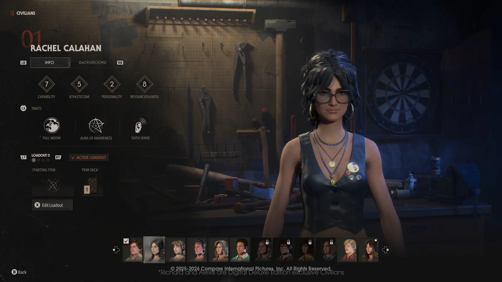 Civilian customization screen with character stats and loadout options